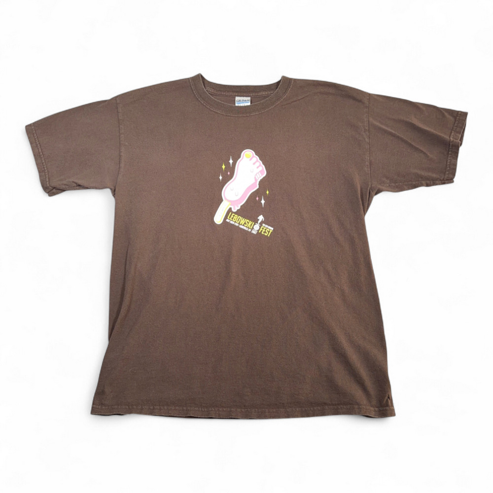 Vintage Big Lebowski Shirt Adult LARGE Brown Fest Foot Popsicle Toe Movie Y2K